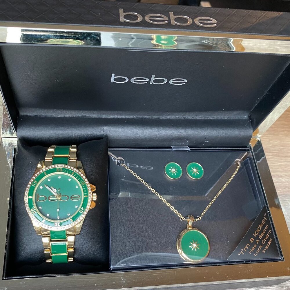 NIB Bebe Emerald Green & Gold Watch Earrings Locket Set